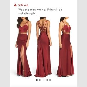La Femme Burgundy Backless Gown